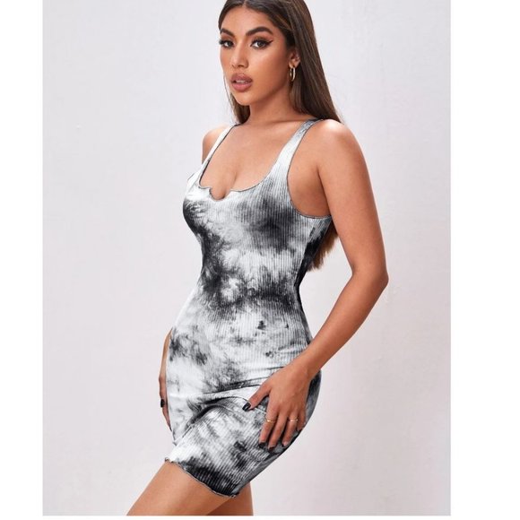 Notch Neck Ribbed Tie Dye Mini Bodycon Summer Dress Size Large - Picture 5 of 14